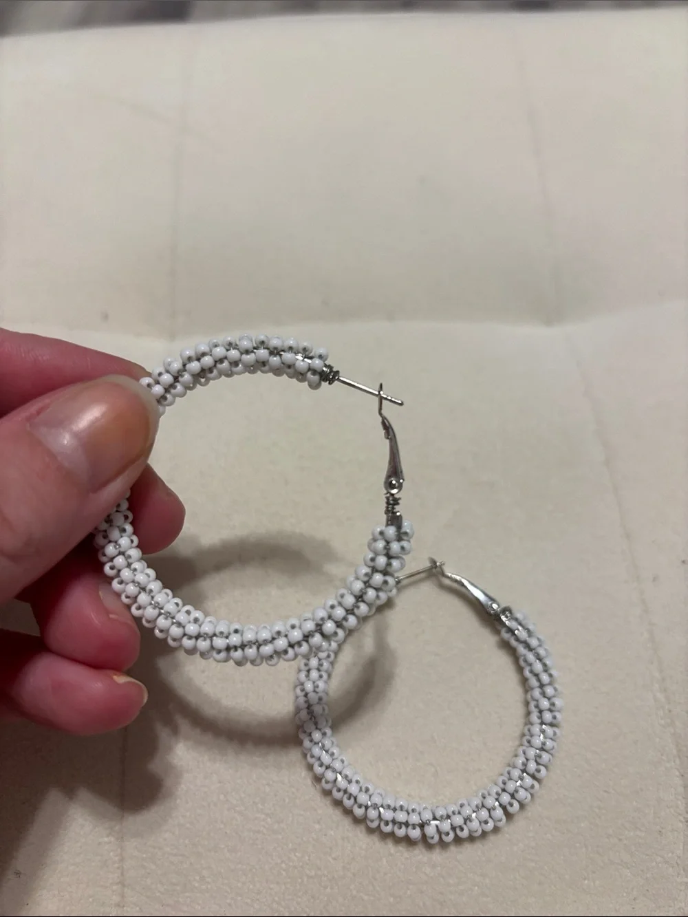White Beaded Hoop Earrings - Women Jewelry
